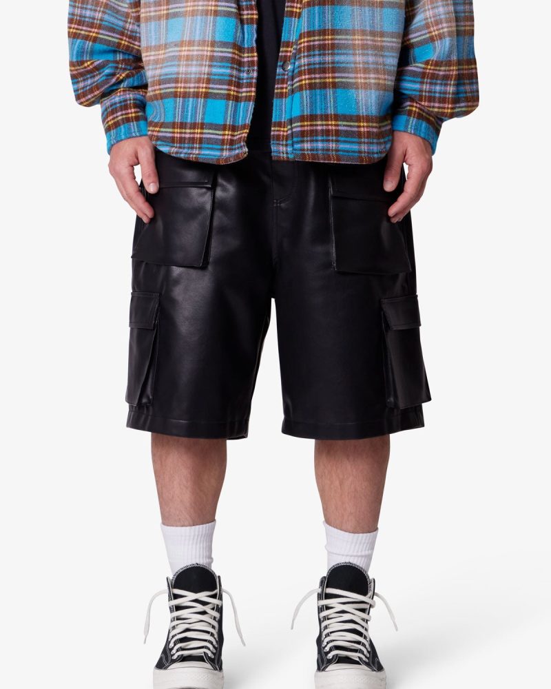 Baggy Leather Cargo Shorts - Black