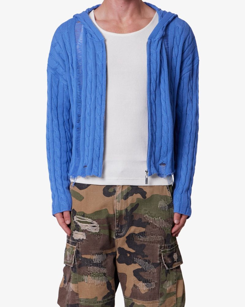 Cable Knit Hooded Sweater - Washed Blue