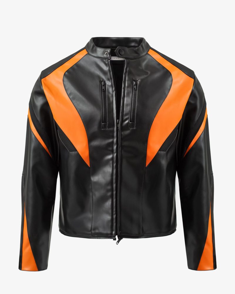 Cropped Leather Race Jacket - Black/Orange