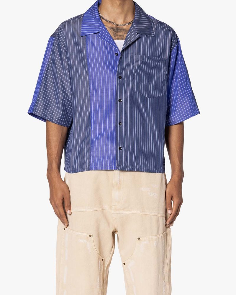 Cropped Panel Stripe Short Sleeve Shirt - Blue