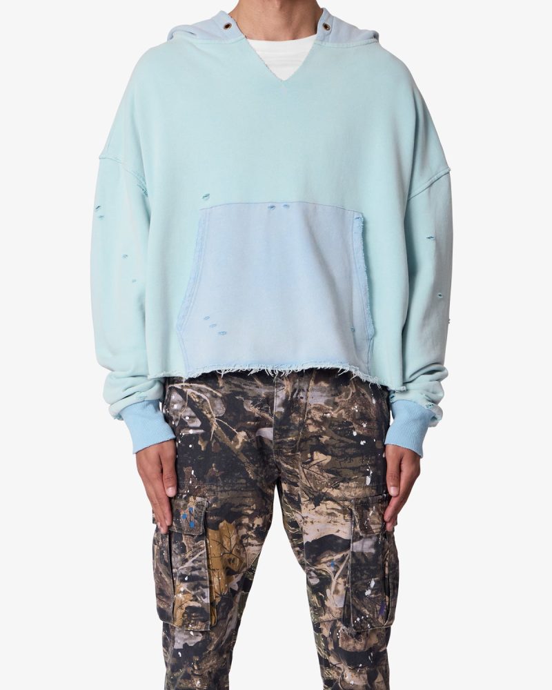 Destroyed V Neck Hoodie - Light Blue