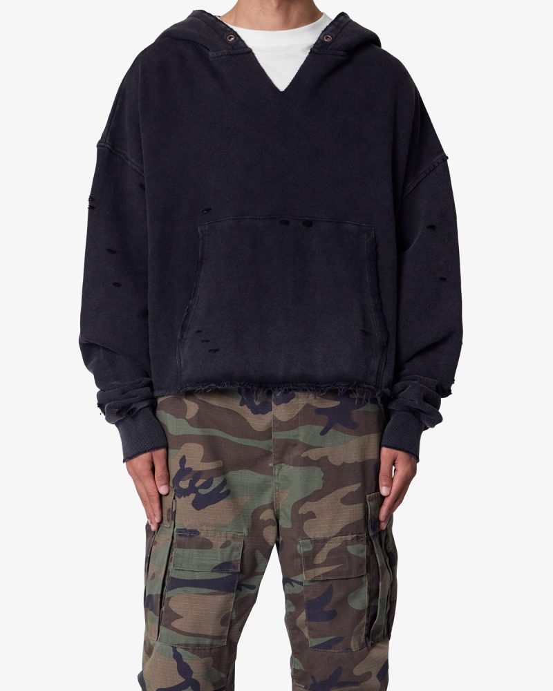 Destroyed V Neck Hoodie - Washed Black