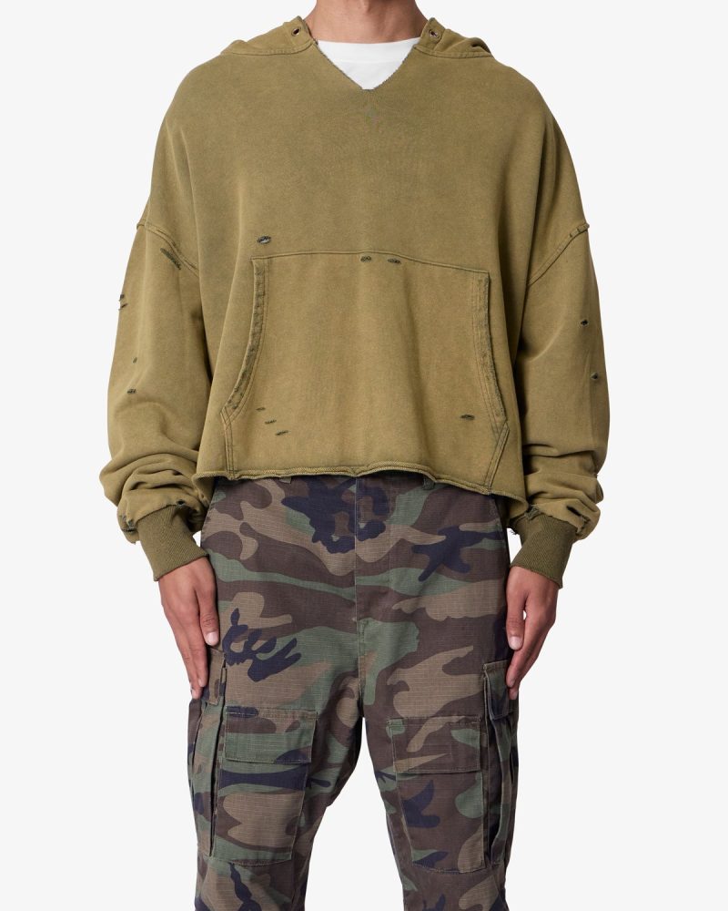 Destroyed V Neck Hoodie - Washed Olive