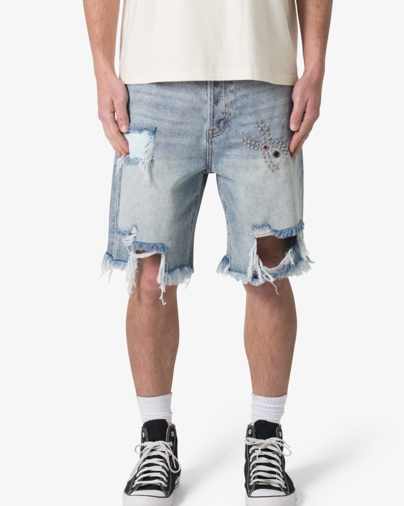 Distressed Spider Denim Shorts - Light Blue