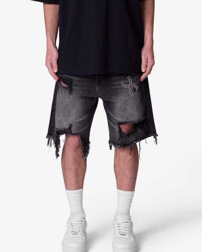 Distressed Spider Denim Shorts - Washed Black