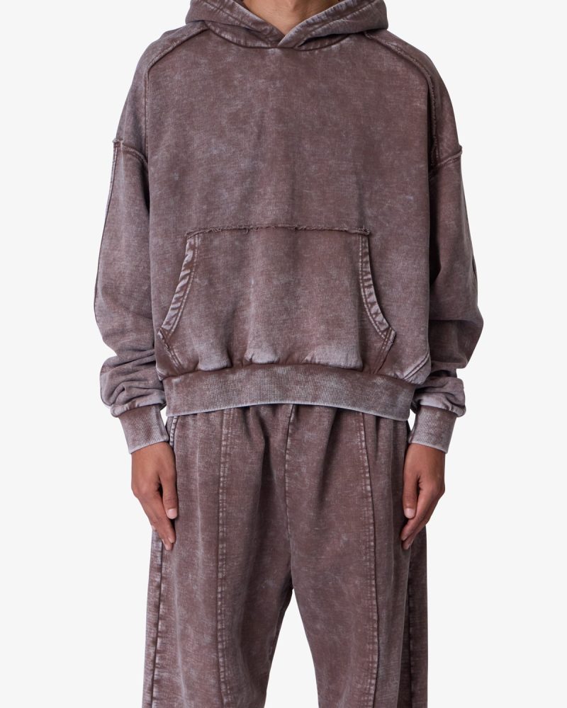 Frayed Seam Acid Wash Hoodie - Brown