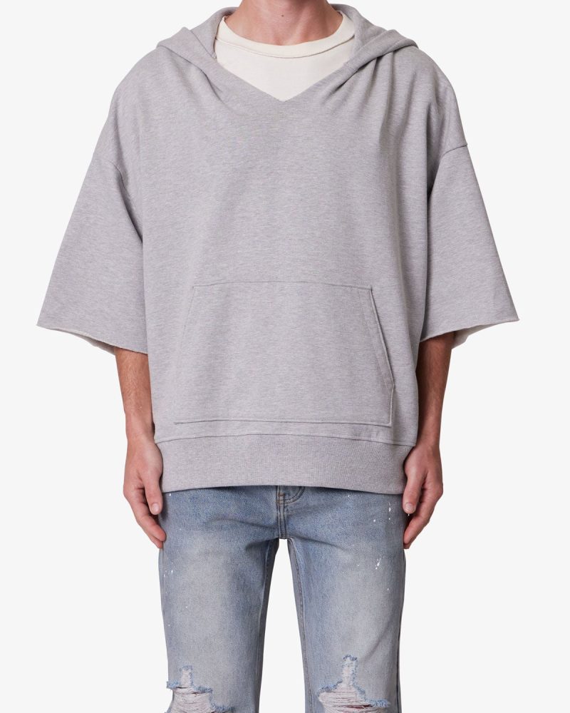 Hooded 3/4 Sleeve Rag Sweater - Grey
