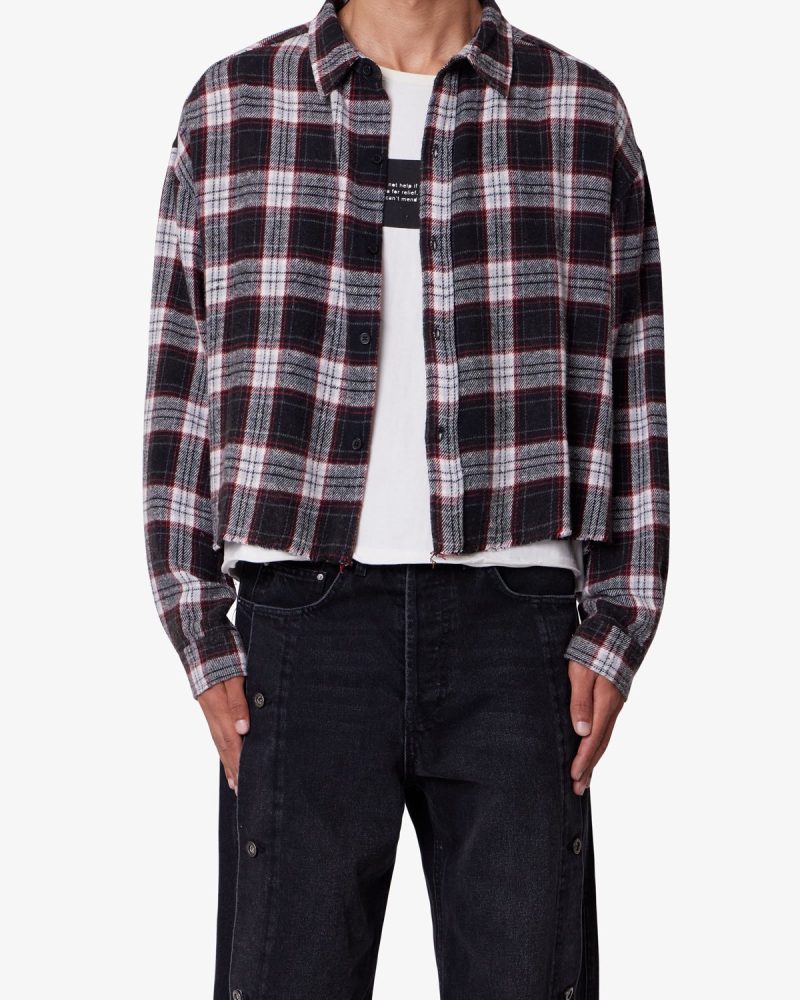 Washed Cropped Flannel Shirt - Black/White