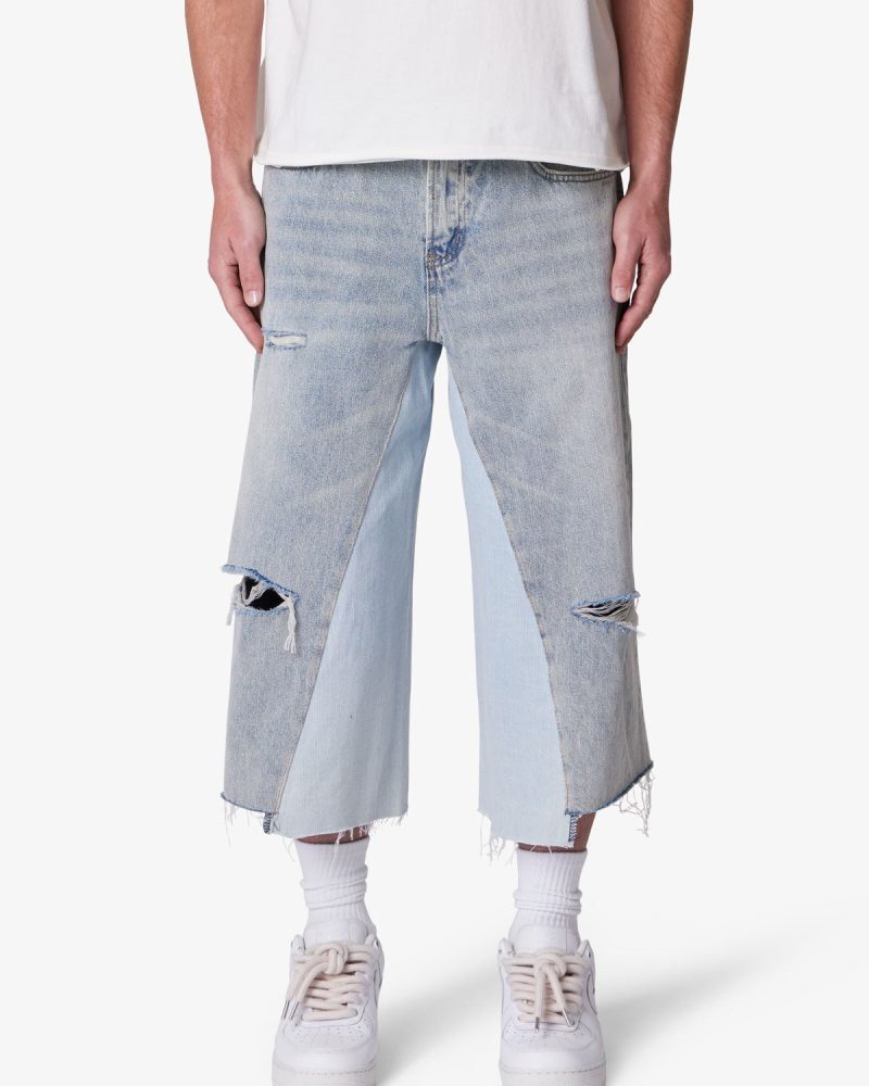 Panelled Denim Shorts - Washed Light Blue