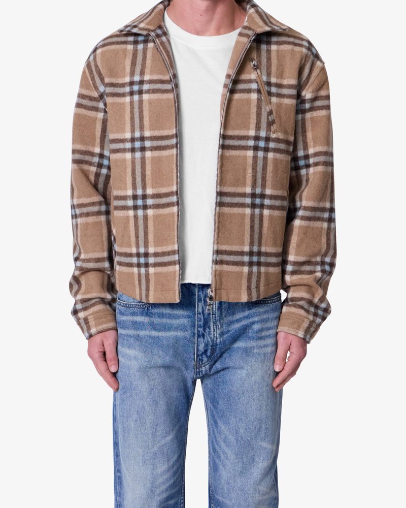 Plaid Flannel Front Zip Jacket - Brown/Cream