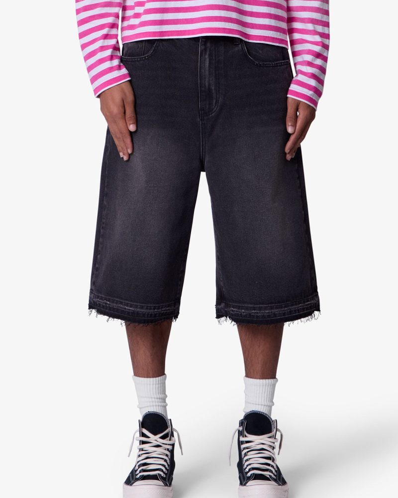 Ultra Baggy Raw Hem Denim Shorts - Washed Black