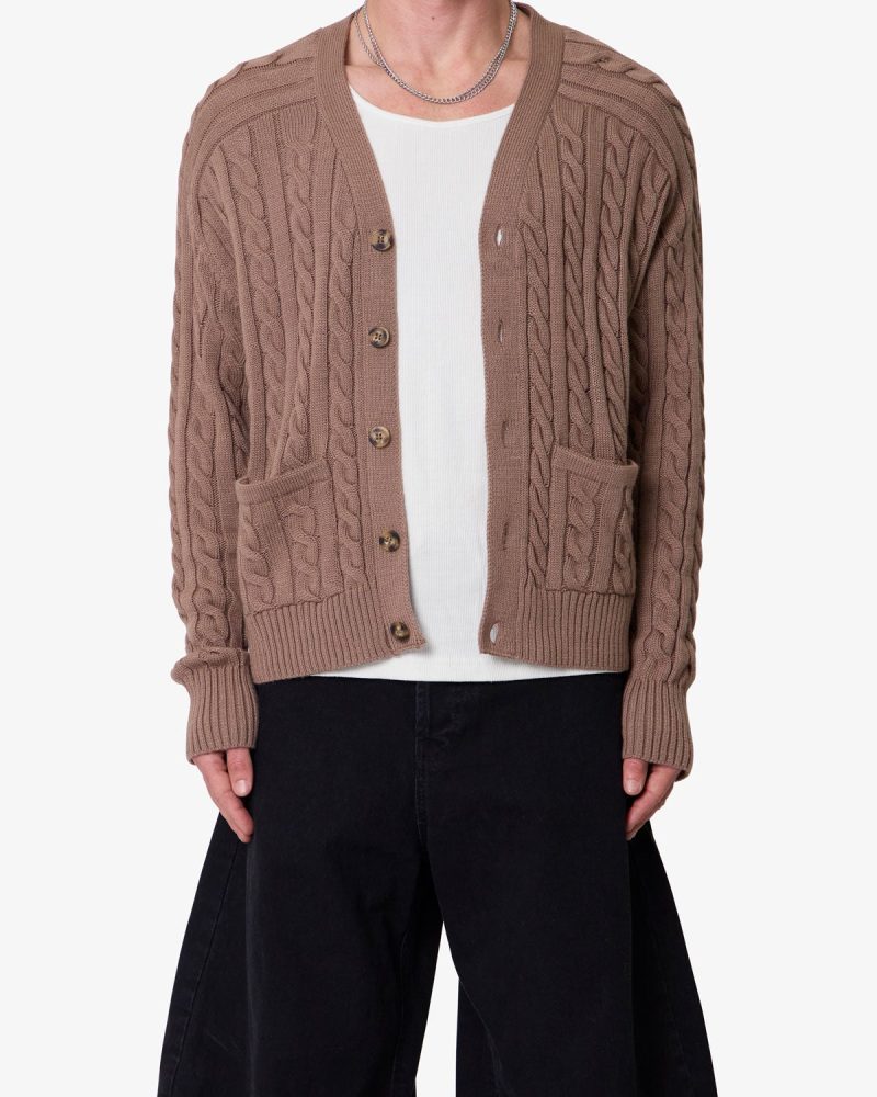 Cable Knit Cardigan Sweater - Tan