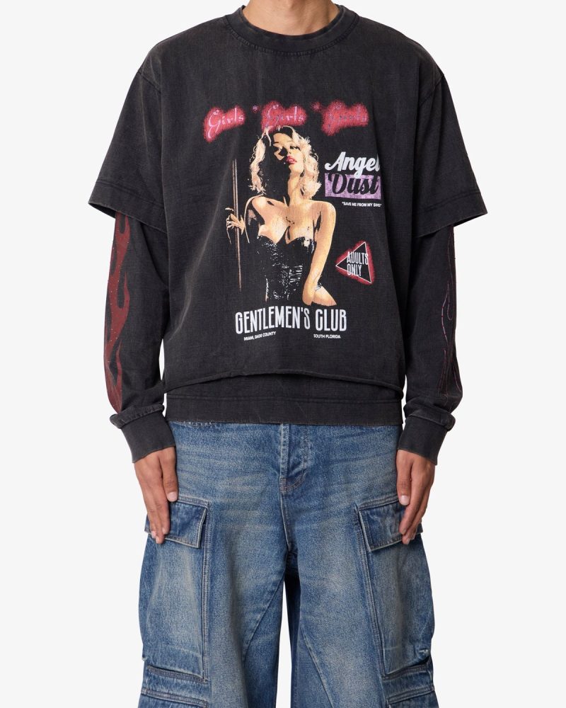 Gentlemens Club Printed L/S Tee - Washed Black