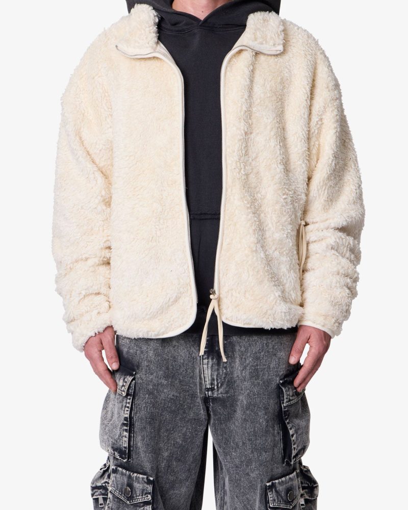 Leather Trim Sherpa Zip Up Jacket - Off White