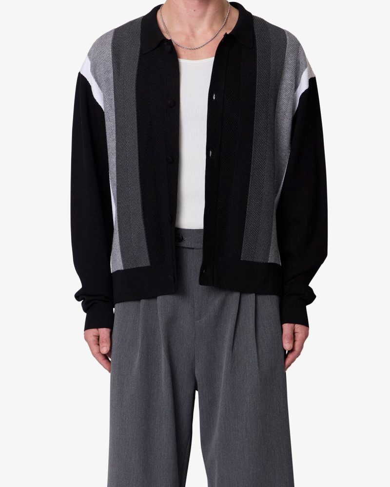 Striped Collared Cardigan Sweater - Black